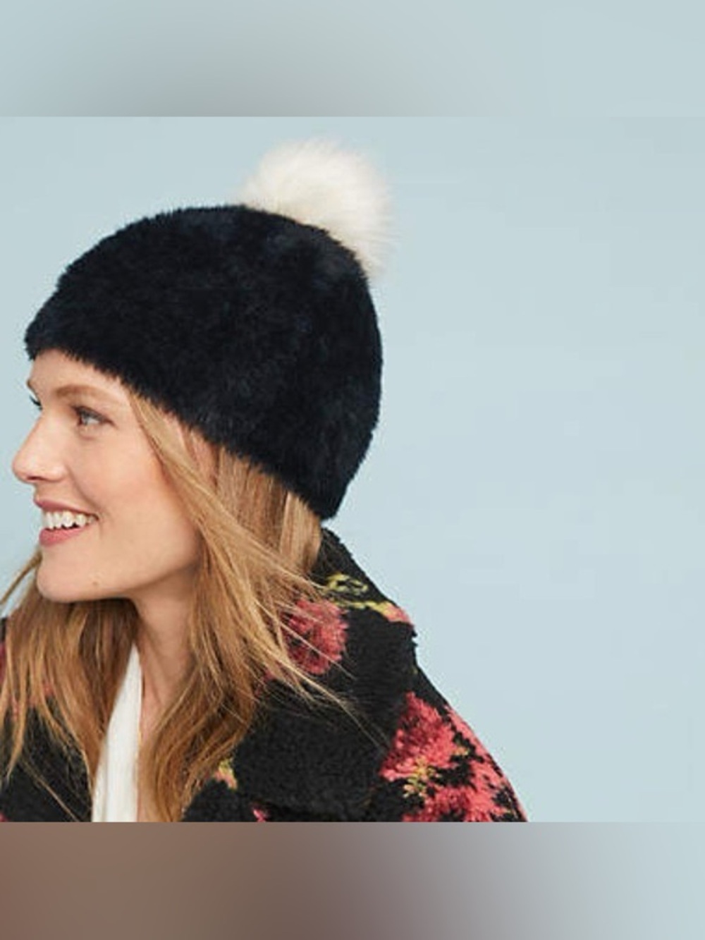 Anthropologie Torri Faux Fur Beanie 🖤🤍 Cozy Black Hat with White Pom